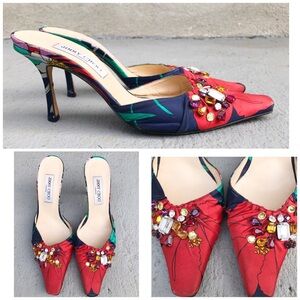 Jimmy Choo Red and Blue Embellished Mules
